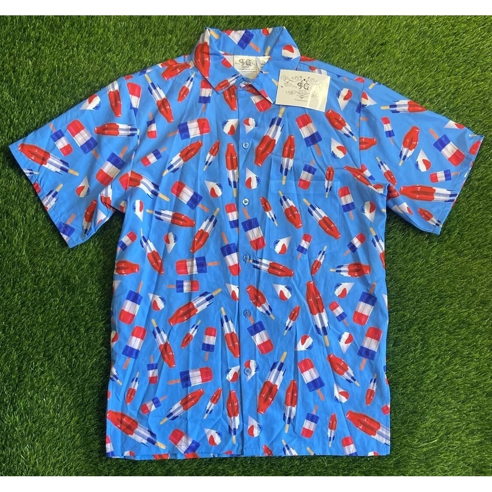 FUNNY GUY Men's Shirt Blue Bomb Pop Popsicle Snoball Summer Beach Golf Sz M NWT